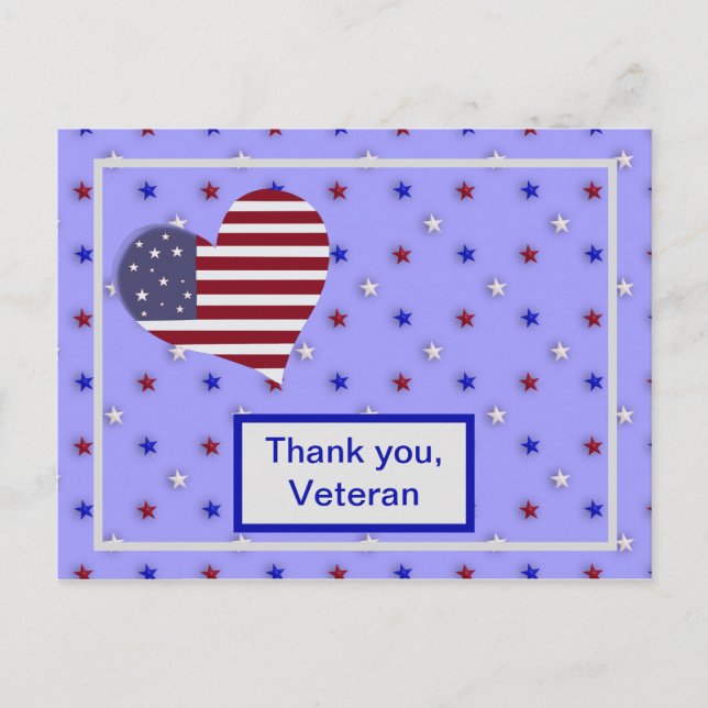 "Thank You, Veteran" Red White and Blue Heart Postcard (Front)