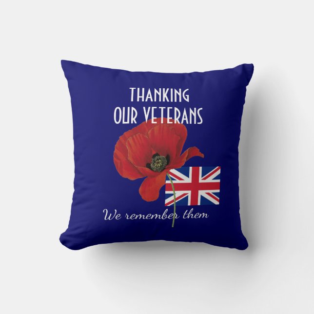 THANK YOU VETERANS British UK Poppy Throw Pillow (Front)