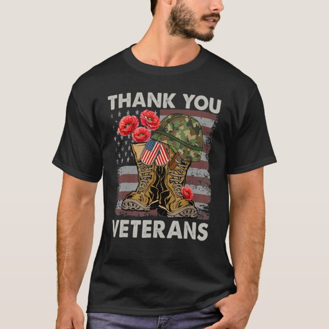 Thank You Veterans Combat Boots Poppy Flower Us Fl T-Shirt (Front)