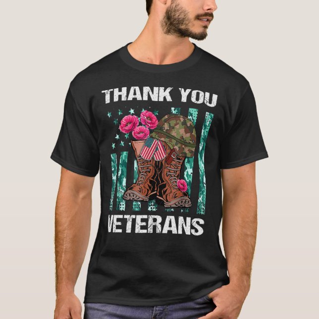 Thank You Veterans Combat Boots Poppy Flower Veter T-Shirt (Front)