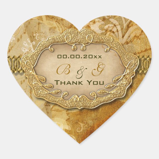 "Thank you" vintage gold brown wedding Heart Sticker (Front)