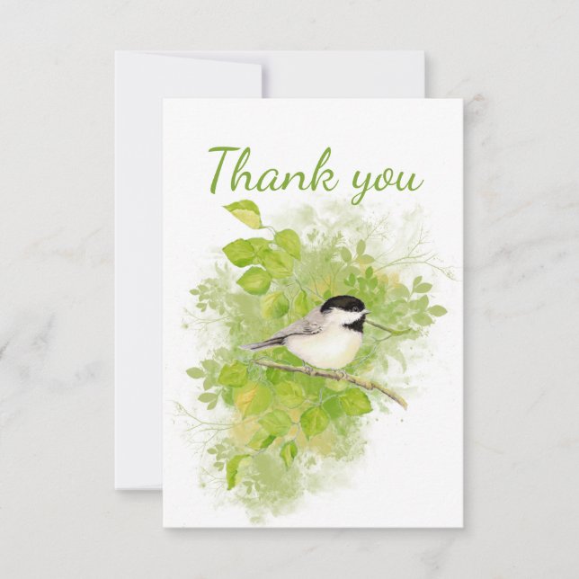 Thank You Watercolor Chickadee Bird  Blank Inside Card (Front)