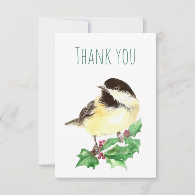 Thank You Watercolor Chickadee Bird Nature Art Card (Front)
