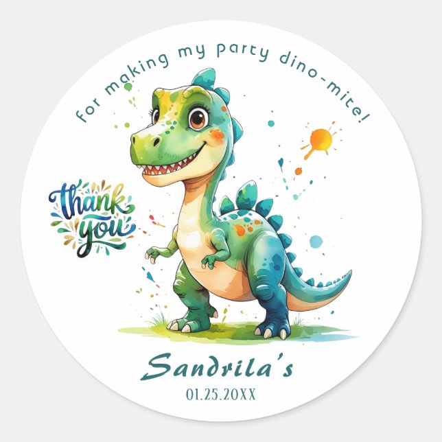 Thank You  Watercolor Dinosaur  Classic Round Sticker (Front)