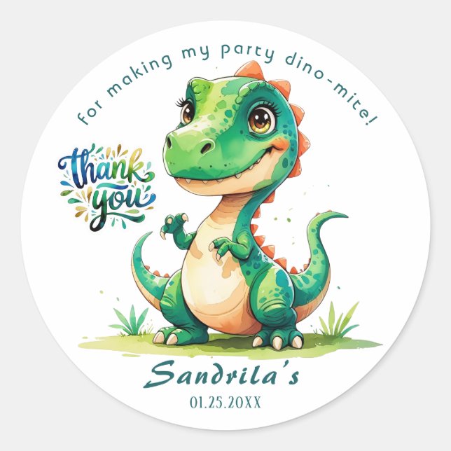 Thank You  Watercolor Dinosaur  Classic Round Sticker (Front)