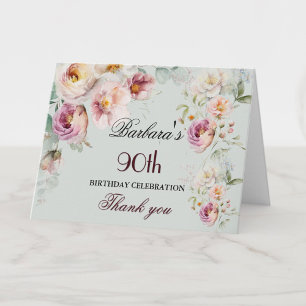 Thank You Watercolor Floral 90th Birthday Party Card