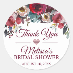 THANK YOU Watercolor Floral Burgundy Bridal Shower Classic Round Sticker