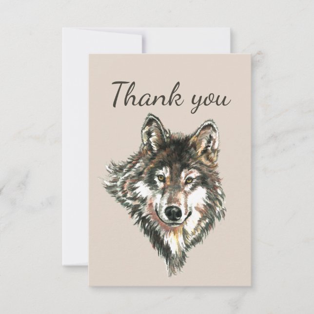 Thank You Watercolor Grey Grey Wolf Animal Art Card (Front)