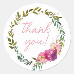 Thank You Watercolor Laurel and Flower Wreath  Classic Round Sticker