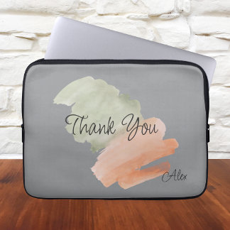 Thank You Watercolor Peach and Green Custom Name Laptop Sleeve