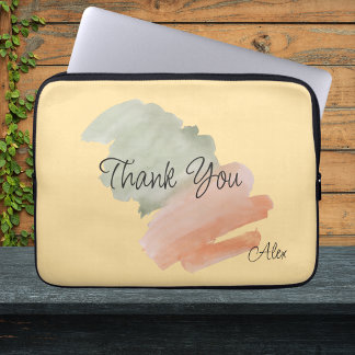 Thank You Watercolor Peach and Green Custom Name Laptop Sleeve