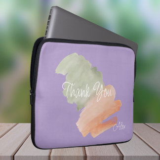 Thank You Watercolor Peach and Green Custom Name Laptop Sleeve