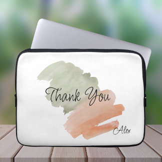 Thank You Watercolor Peach and Green Custom Name Laptop Sleeve