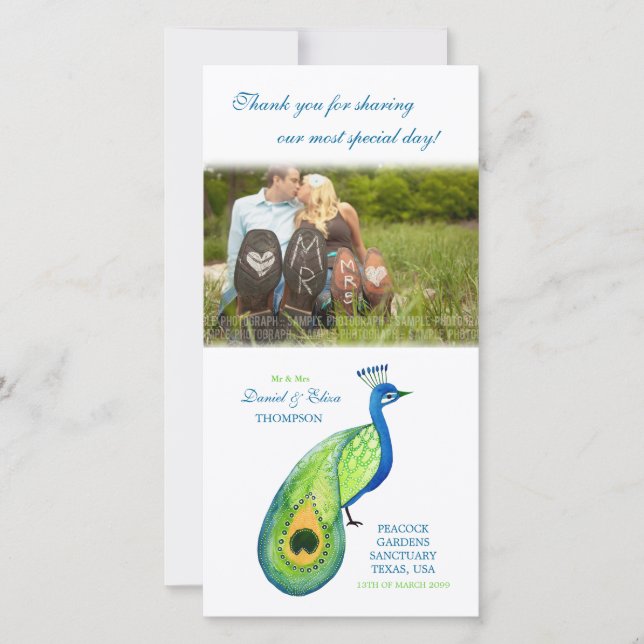 Thank You Watercolor Peacock Wedding Photo Card (Front)