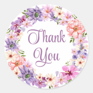 thank you watercolor purple flowers elegant classic round sticker