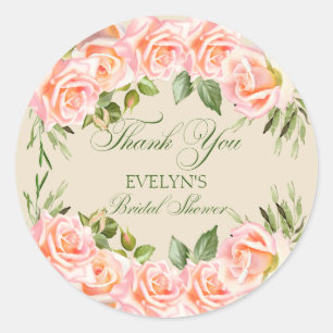 Thank You Watercolor Roses Bridal Shower  Classic Round Sticker