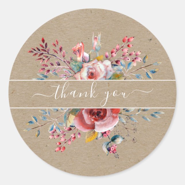 Thank you watercolor rustic flowers kraft sticker (Front)