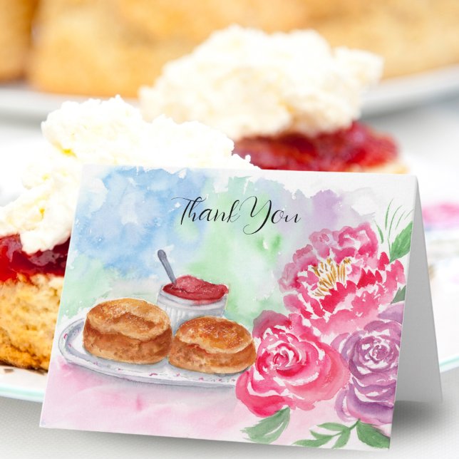 Thank You Watercolor Scones With Peonies Card (Express gratitude with this charming watercolor, perfect for tea lovers.)