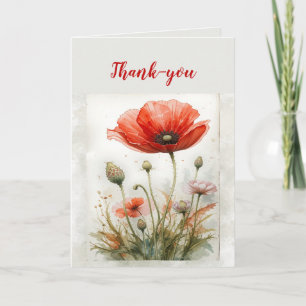 Thank You Watercolor Simple Elegant Red Poppy  Card