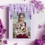 Thank You Watercolor Wisteria Photo Bat Mitzvah<br><div class="desc">Thank You Watercolor Wisteria Photo Bat Mitzvah Thank You Cards features elegant watercolor wisteria flowers in soft lavender and purple with green leaves on a lilac background with your favourite photo and "Thank You" overlay. On the reverse in elegant white calligraphy script on a purple background is the text "Thank...</div>