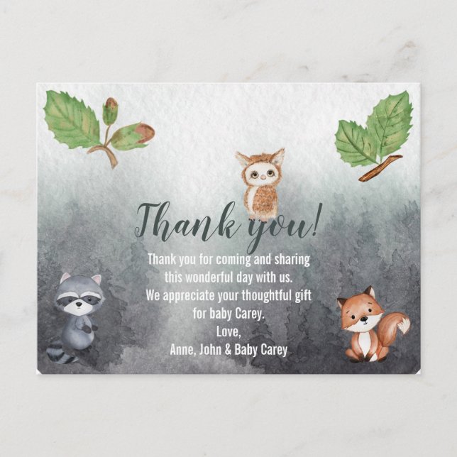 Thank You Watercolor Woodland Animals Postcard (Front)