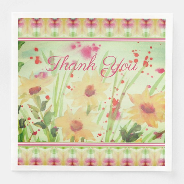 Thank You Watercolour Flowered Paper Dinner Napkin (Front)