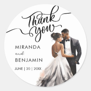 Thank You Wedding Black Bride Groom Watercolor Classic Round Sticker