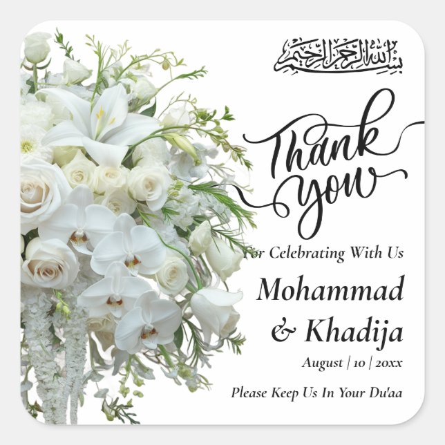 Thank You Wedding Bouquet Flower Nikah Walima Square Sticker (Front)