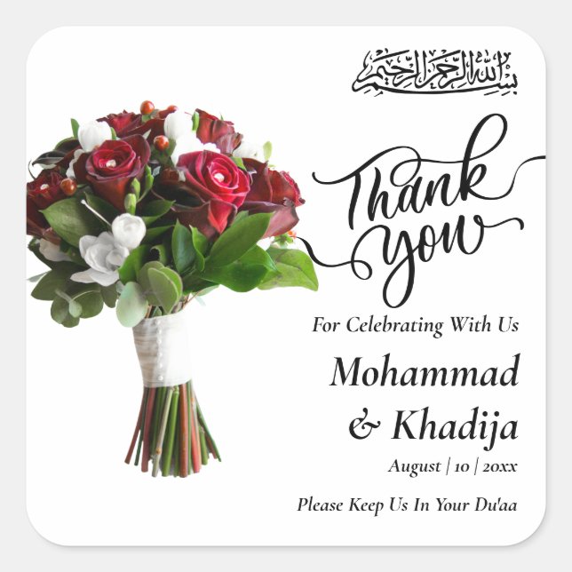 Thank You Wedding Bouquet Flower Nikah Walima Square Sticker (Front)