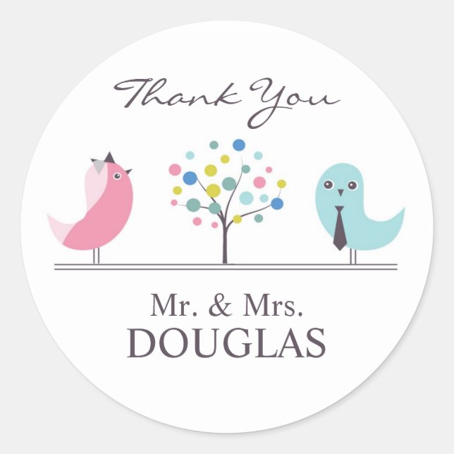 Thank You Wedding Bride and Groom Birds Sticker (Front)