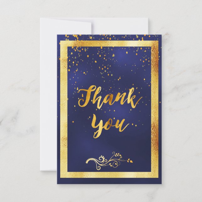 Thank you wedding dark blue gold confetti card (Front)