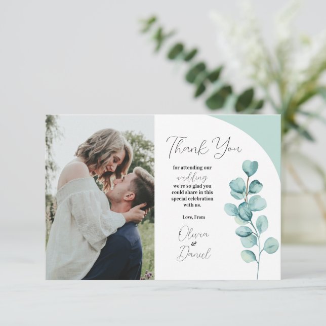 Thank You Wedding Eucalyptus Photo Leave Mint  Card (Standing Front)