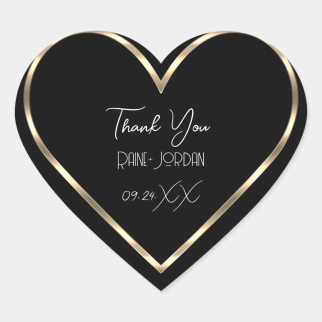 Thank You Wedding Favour Black White Golden Heart  Heart Sticker (Front)