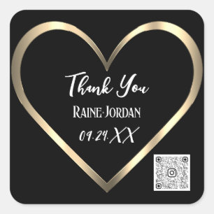 Thank You Wedding Favour QR CODE BlackGolden Heart Square Sticker