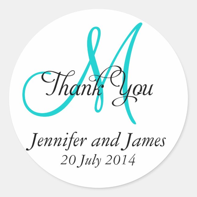Thank You Wedding Favour Stickers Monogram Aqua (Front)