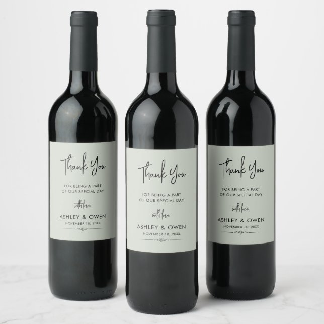Thank You Wedding Minimalist Black Script Sage Wine Label (Bottles)