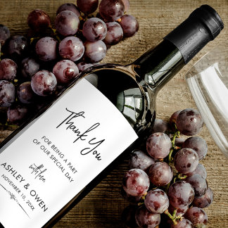 Thank You Wedding Minimalist Script Black White Wine Label