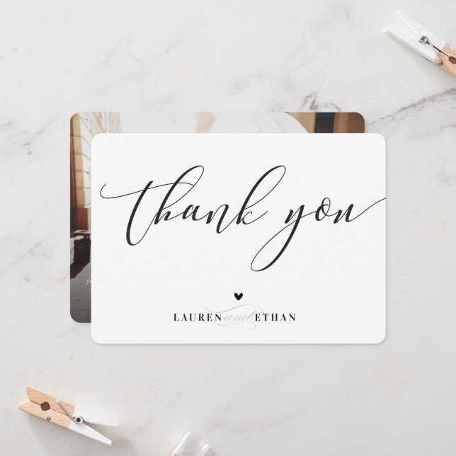 THANK YOU wedding photo elegant black and white Invitation (Front/Back In Situ)