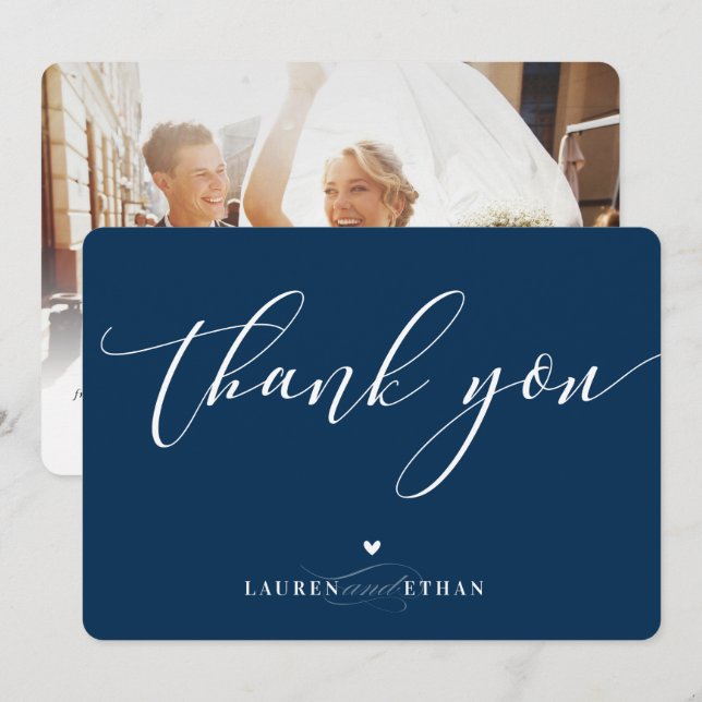 THANK YOU wedding photo elegant names dark blue Invitation (Front/Back)