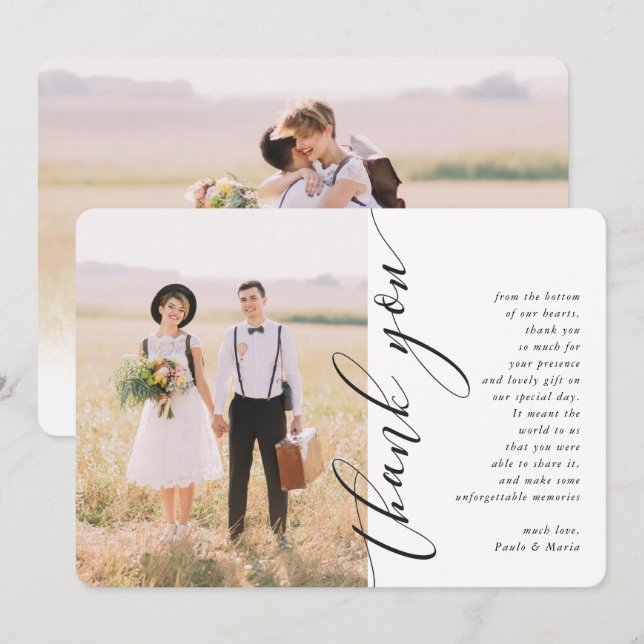 THANK YOU wedding photo modern side calligraphy Invitation (Front/Back)