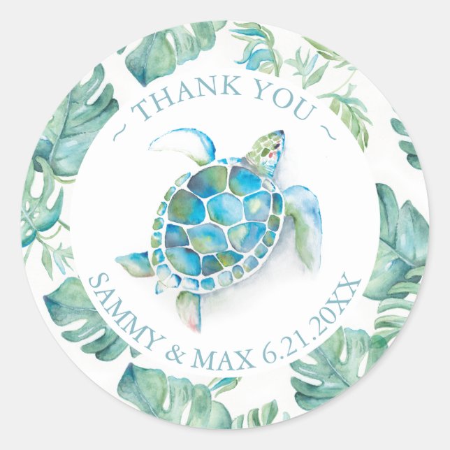Thank You Wedding Stickers Tropical Destination (Front)
