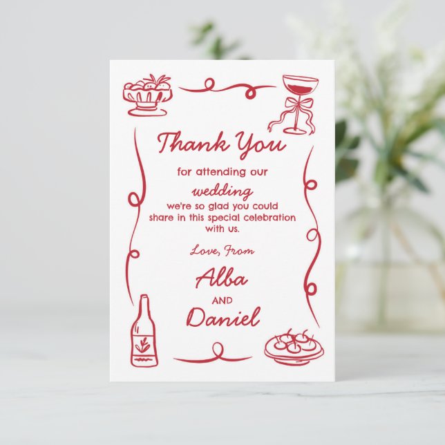 Thank You Wedding Whimsical Hand Drawn Red Card (Standing Front)