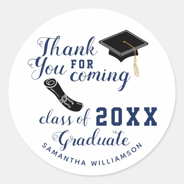 Thank You White and Blue Class of 2025 Graduate Classic Round Sticker (Front)