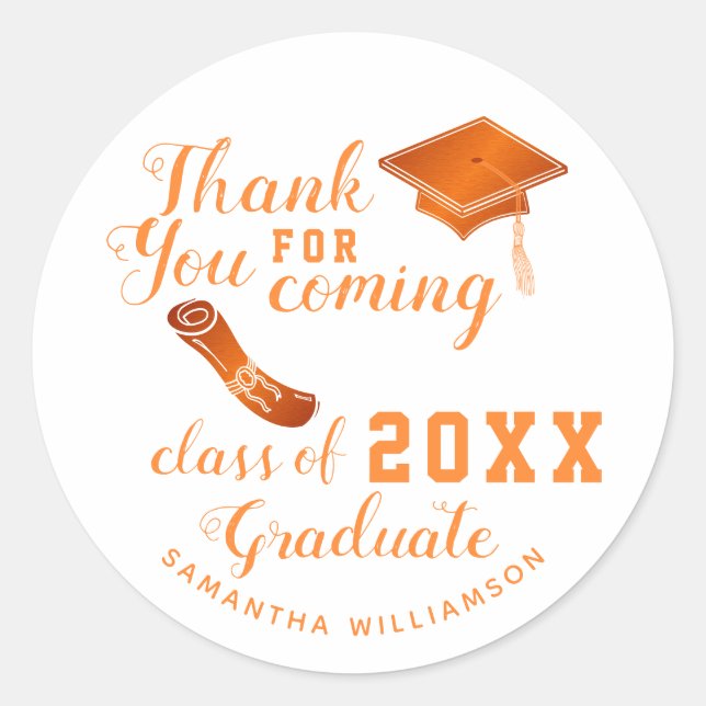 Thank You White and Orange Class of 2025 Graduate Classic Round Sticker (Front)