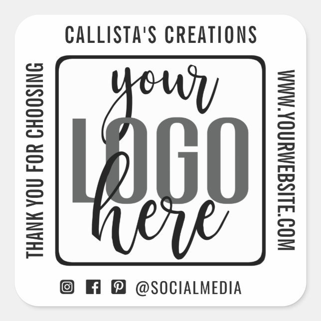 Thank You White Black Border Business Logo Square Sticker (Front)