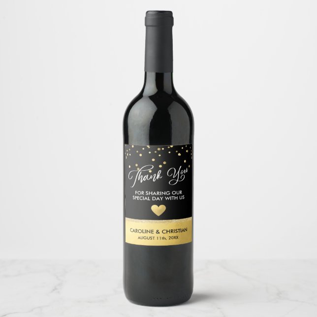 THANK YOU White Black Faux Gold Foil Heart Wedding Wine Label (Front)