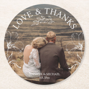 thank you,white flowers botanical wedding photo round paper coaster