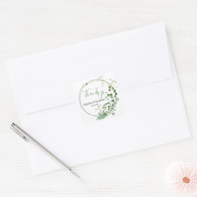 Thank You White Greenery Wreath Custom  Square Sticker (Envelope)