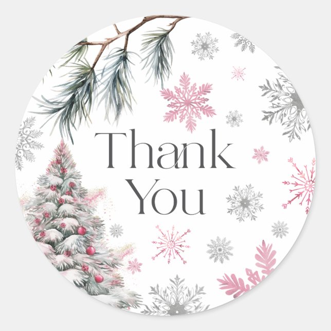 Thank You Winter Wonderland Pink Classic Round Sticker (Front)
