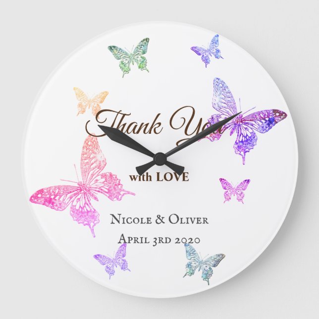 Thank You with Love Colorful Butterflies Large Clock (Front)